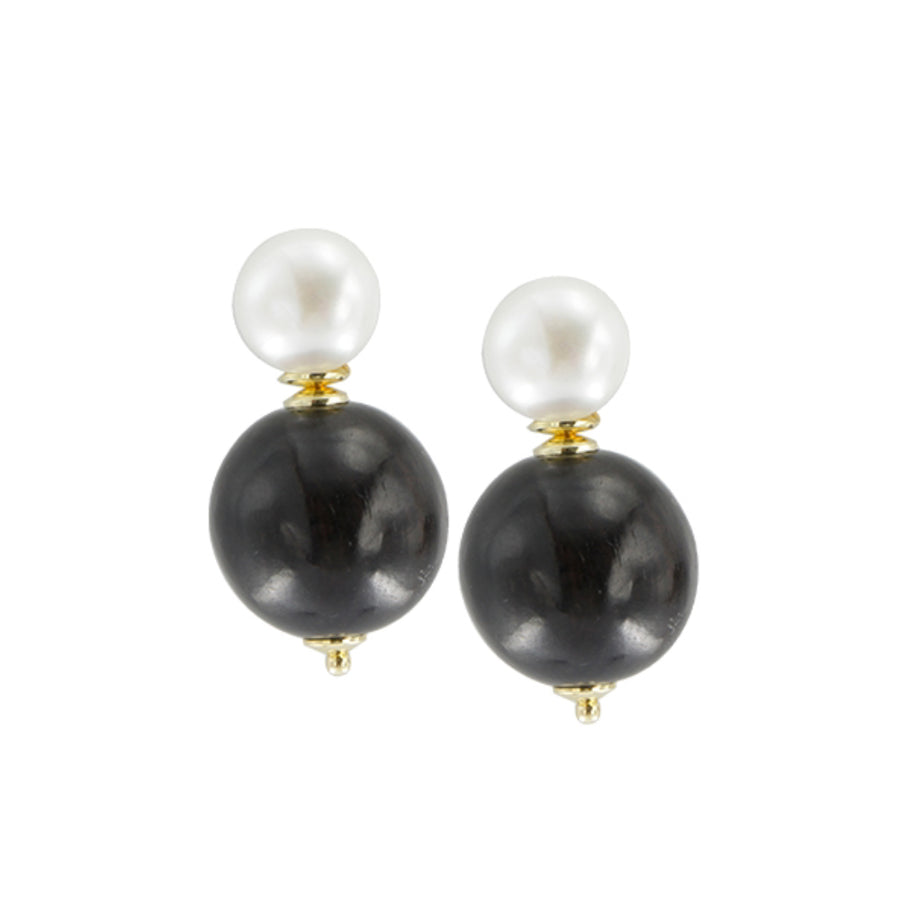 Orecchini in ebano, perle e argento - Doppia sfera