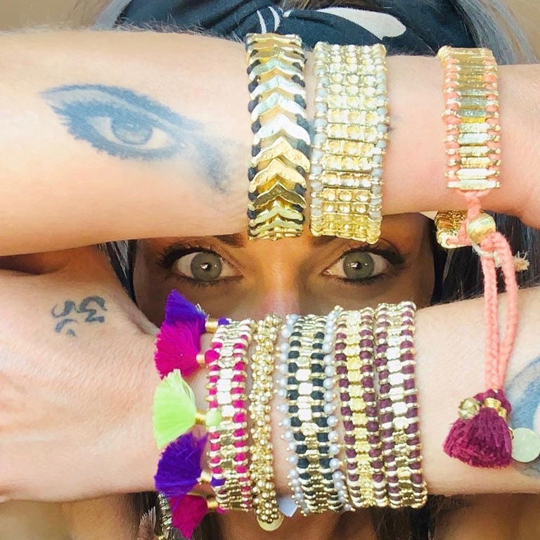 Bracciale cinque fili in ottone e cotone blu