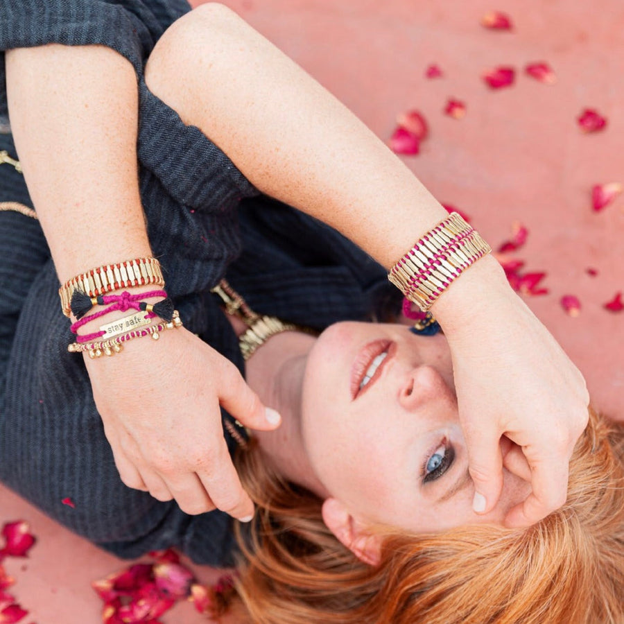 Bracciale in cotone e ottone con ciondoli a pallina - TURCHESE