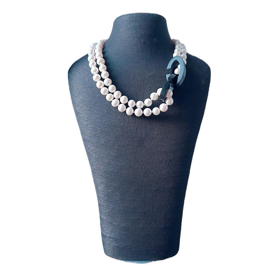 Collana con perle naturali, ebano e argento - Tre ovali