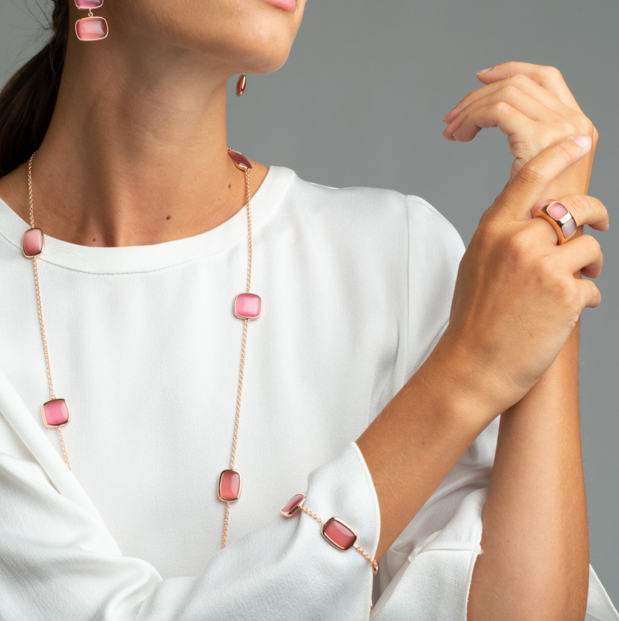 Collana lunga in argento laminato rosè con pietre sui toni del rosa - CILIEGIA