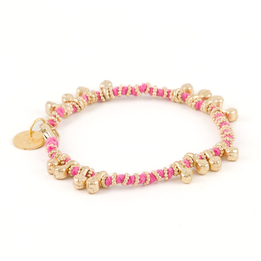 Bracciale in cotone e ottone con ciondoli a pallina - ROSA