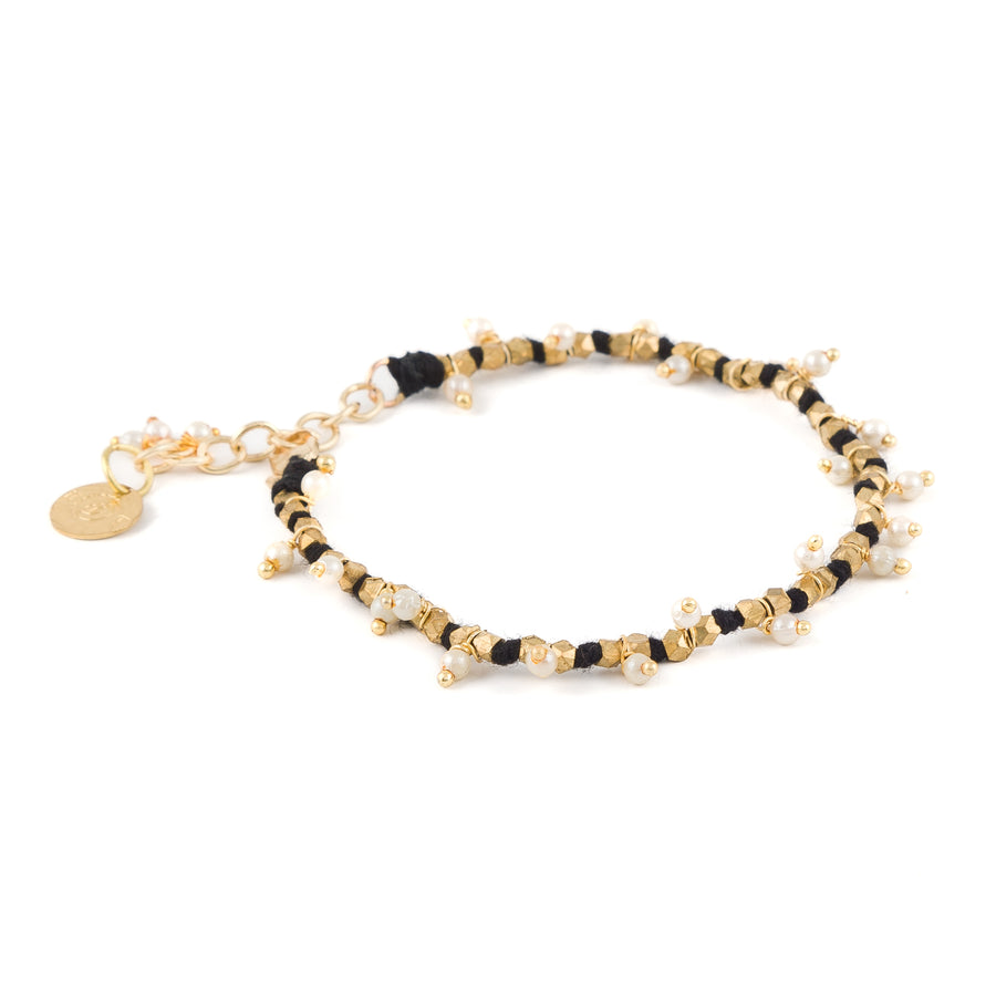 Bracciale in cotone e ottone con ciondoli a perlina - NERO
