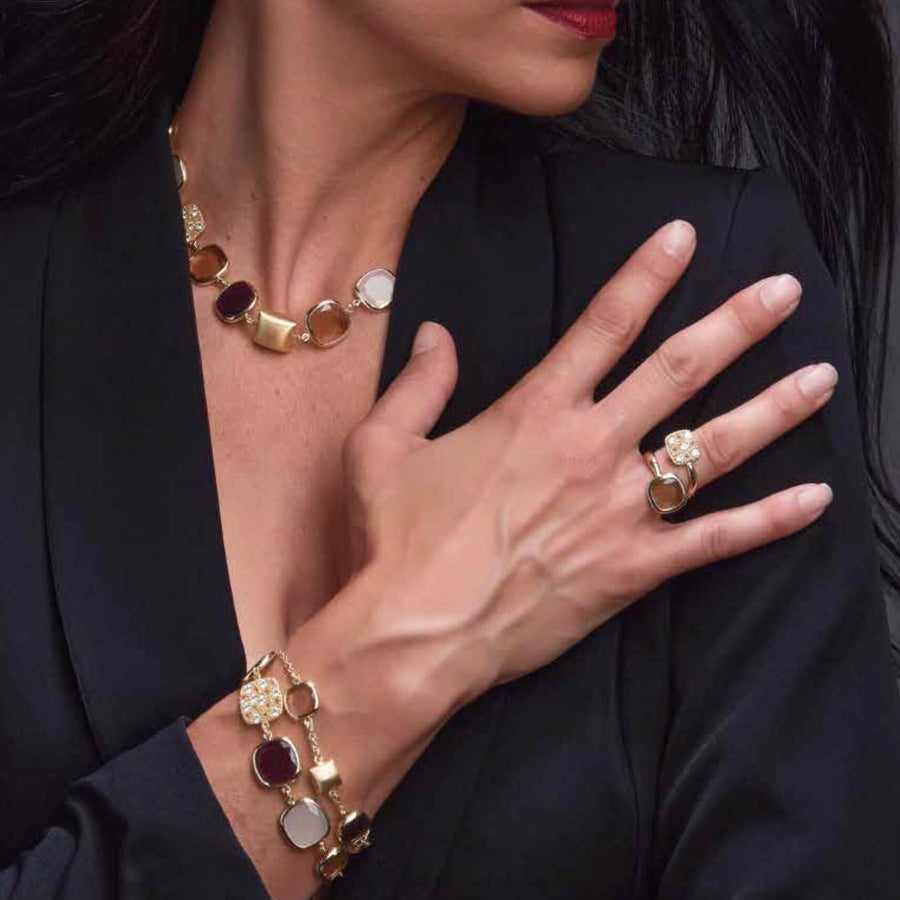 Collana con pietre, pavè di zirconi e quadratini in argento dorato  - LINEA CARAMELLE REVERSE