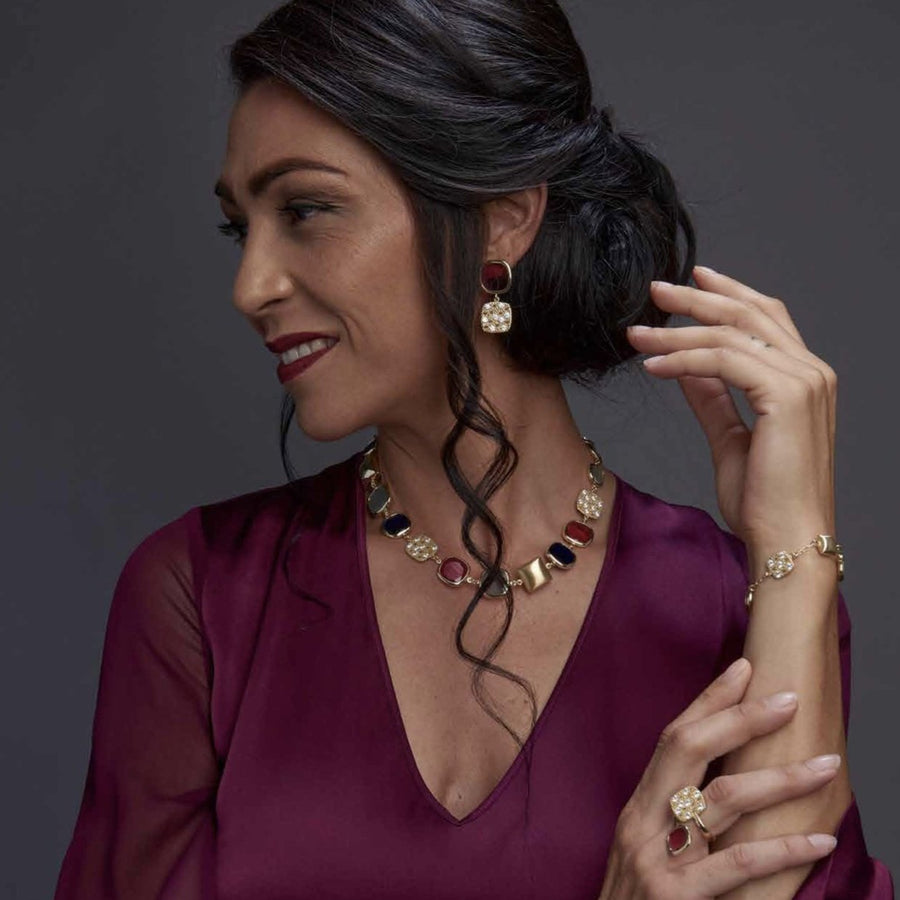 Collana con pietre, pavè di zirconi e quadratini in argento dorato  - LINEA CARAMELLE REVERSE