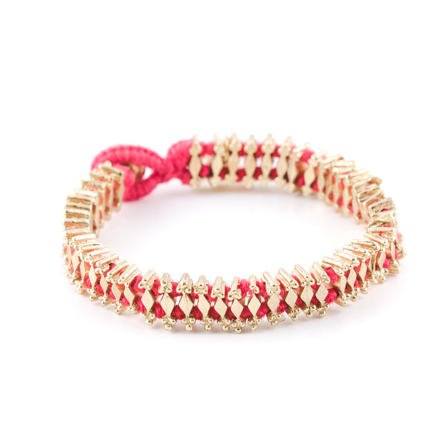 Bracciale a fascia in ottone e cotone con elementi a rombetto